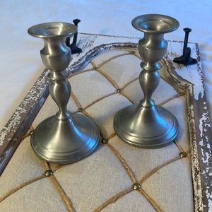 Pewter Candlesticks - Pair of Well Used Web Weighted Pewter Candlestick Holders